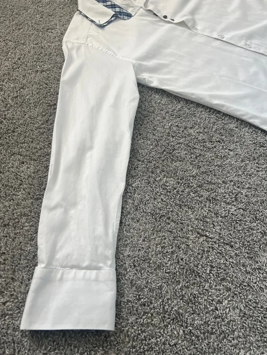 Bogosse White Men's Button-Down Shirt with Blue Plaid Trim Flip Cuffs Size 4 (L) - Picture 5 of 15